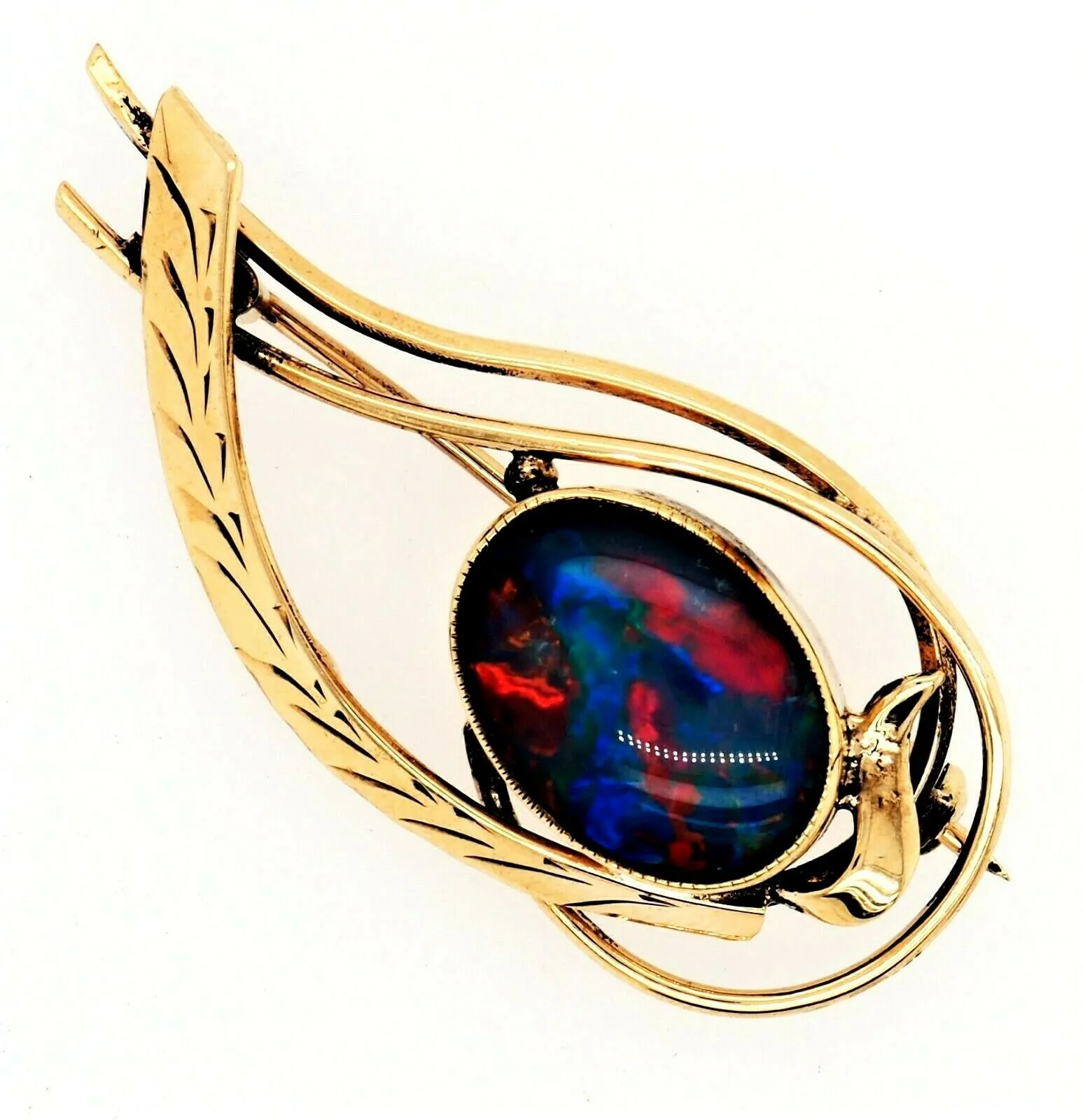 Opal Triplet 9ct Yellow Gold Brooch with Blue & Red Flashes