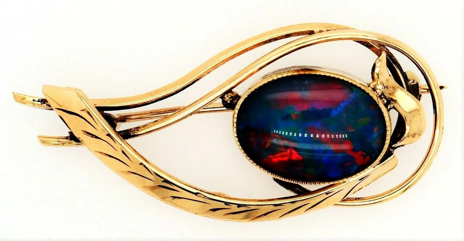 Opal Triplet 9ct Yellow Gold Brooch with Blue & Red Flashes