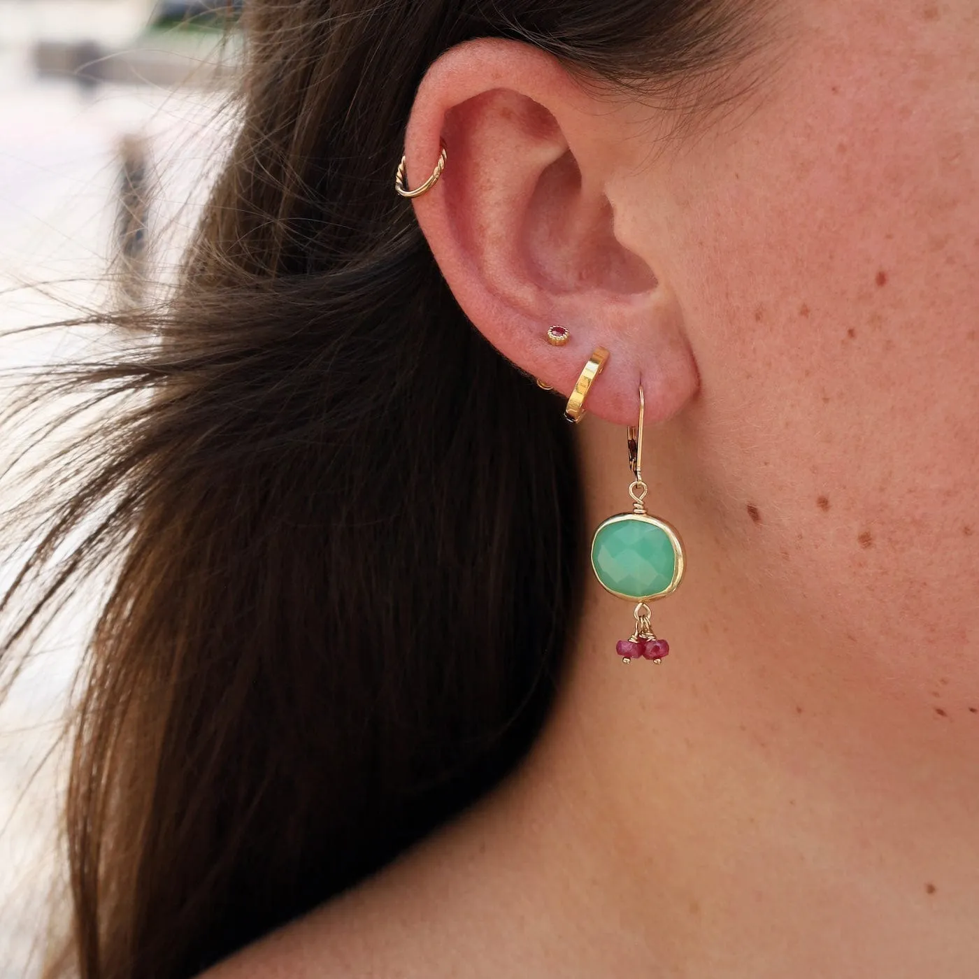 Oval Chrysoprase with 3 Ruby Dangles Earrings