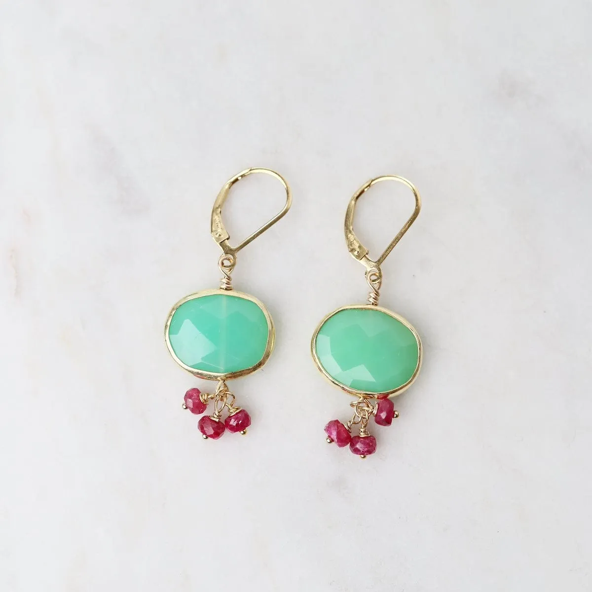 Oval Chrysoprase with 3 Ruby Dangles Earrings