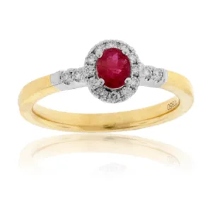 Oval Red Beryl Emerald & Diamond Halo Yellow Gold Ring