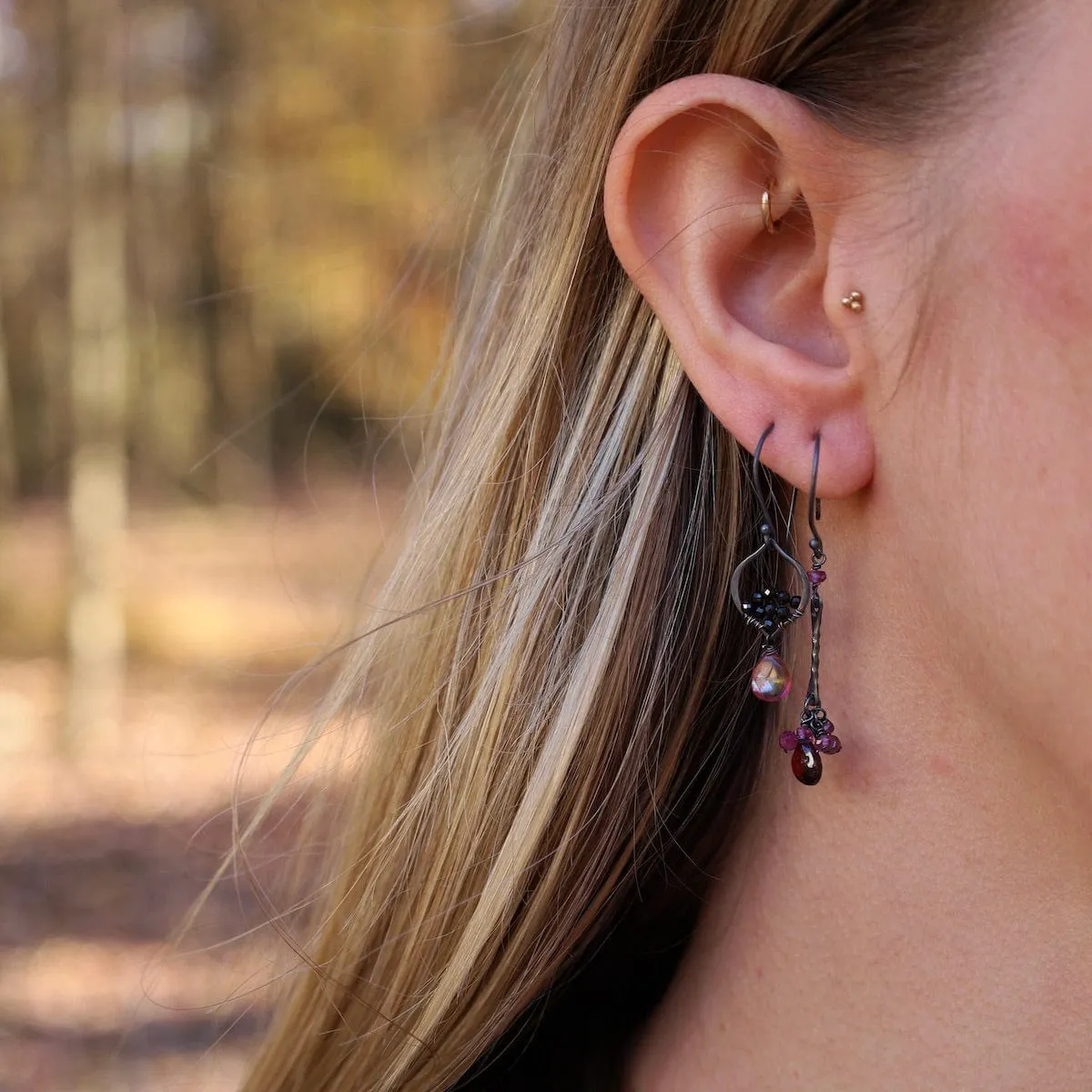 Oxidized Silver Arabesque Earrings in Garnet