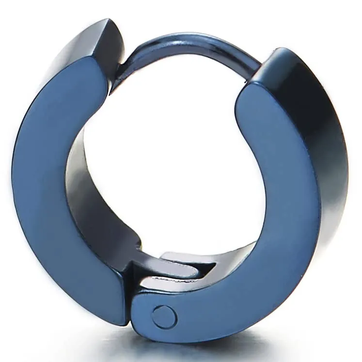 Pair of Dark Blue Huggie Hinged Hoop Earrings Unisex Men Women