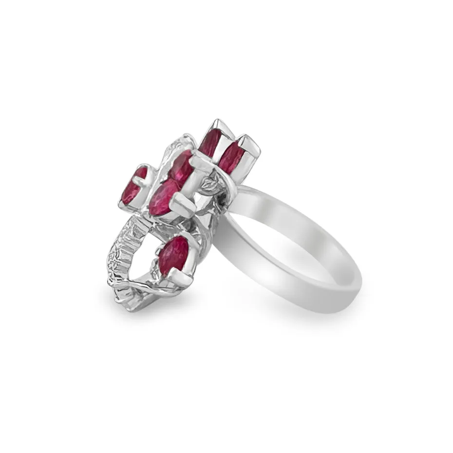 Pear Shaped Ruby and Round Brilliant Diamond Cocktail Ring in 14k White Gold