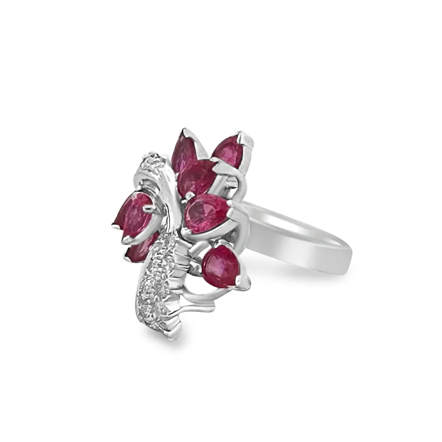 Pear Shaped Ruby and Round Brilliant Diamond Cocktail Ring in 14k White Gold