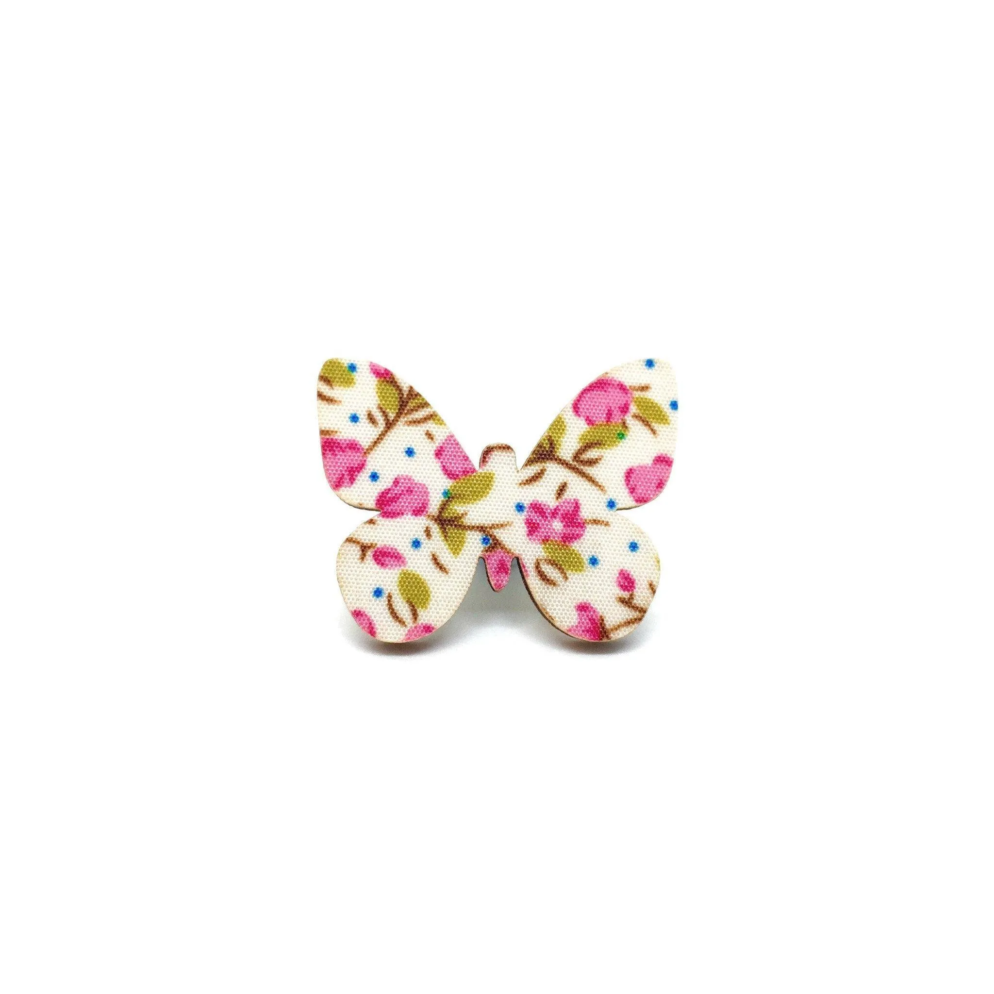 Pink Floral Butterfly Wooden Brooch