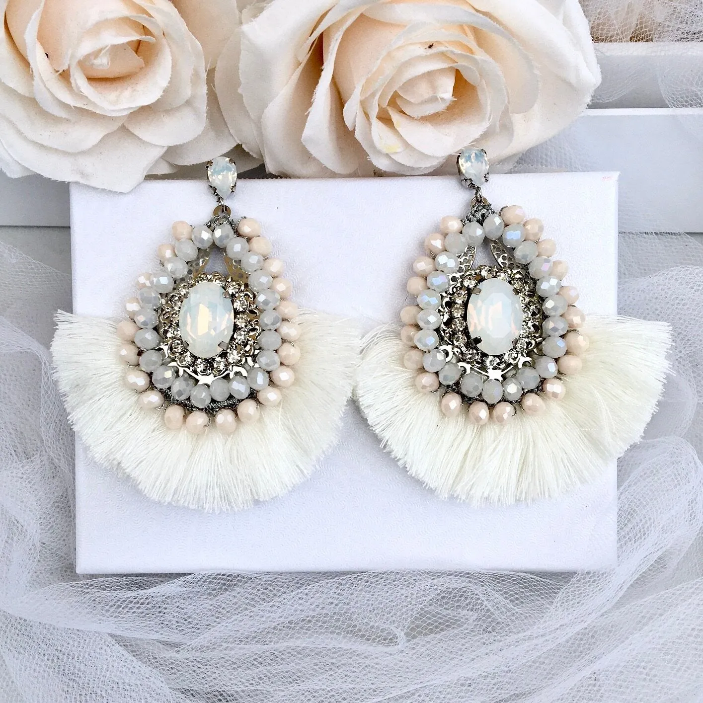 "Justyna" - Opal Bridal Tassel Earrings