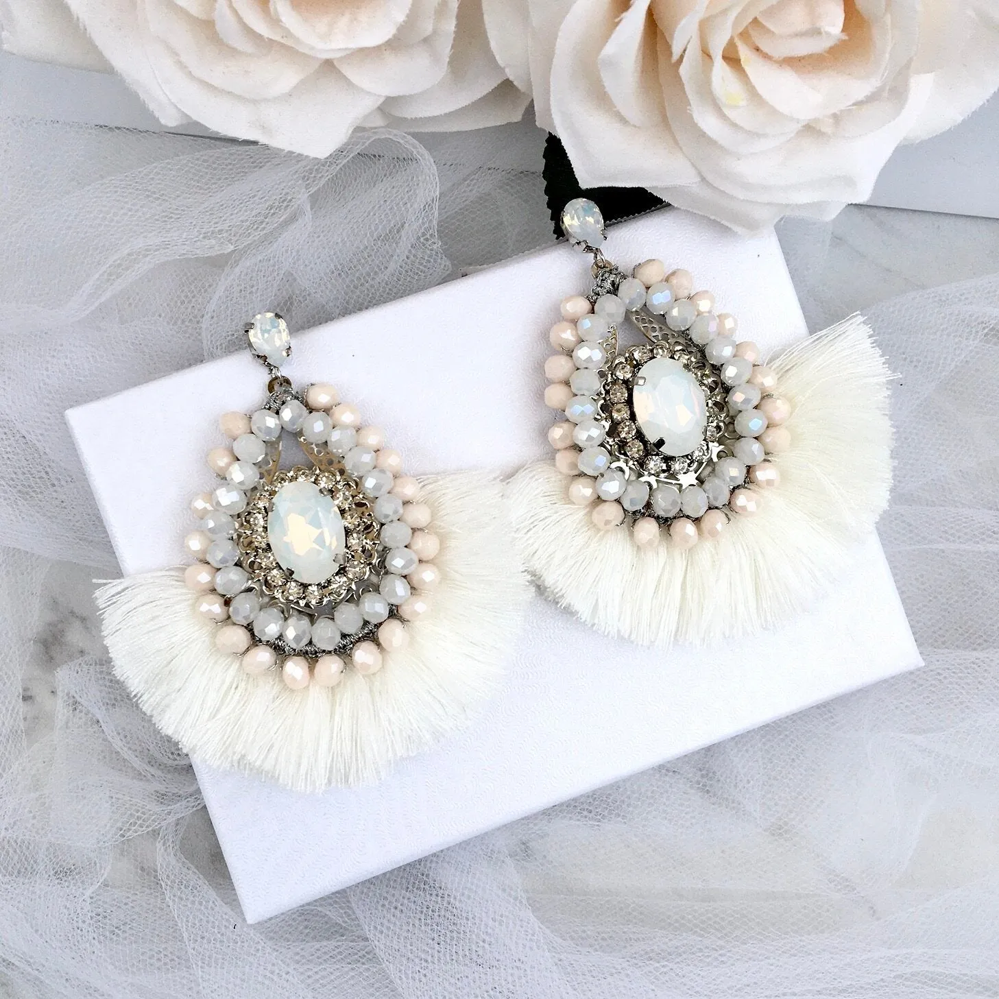 "Justyna" - Opal Bridal Tassel Earrings