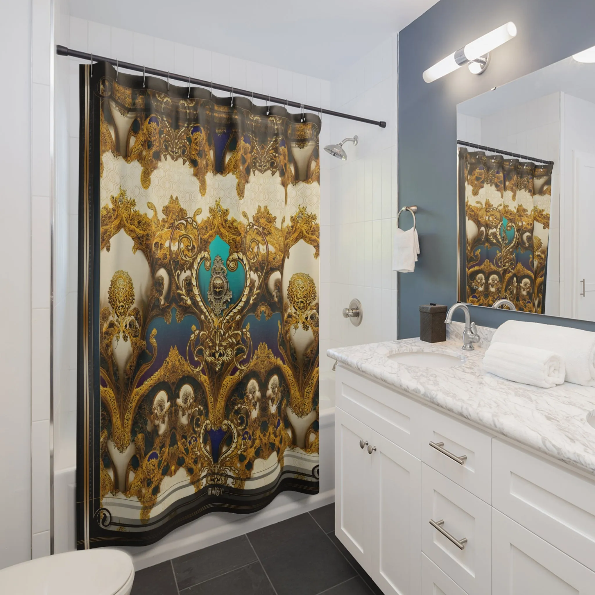 Regal Aqua Shower Curtain Golden Baroque Curtain Bathroom Curtain | D20030