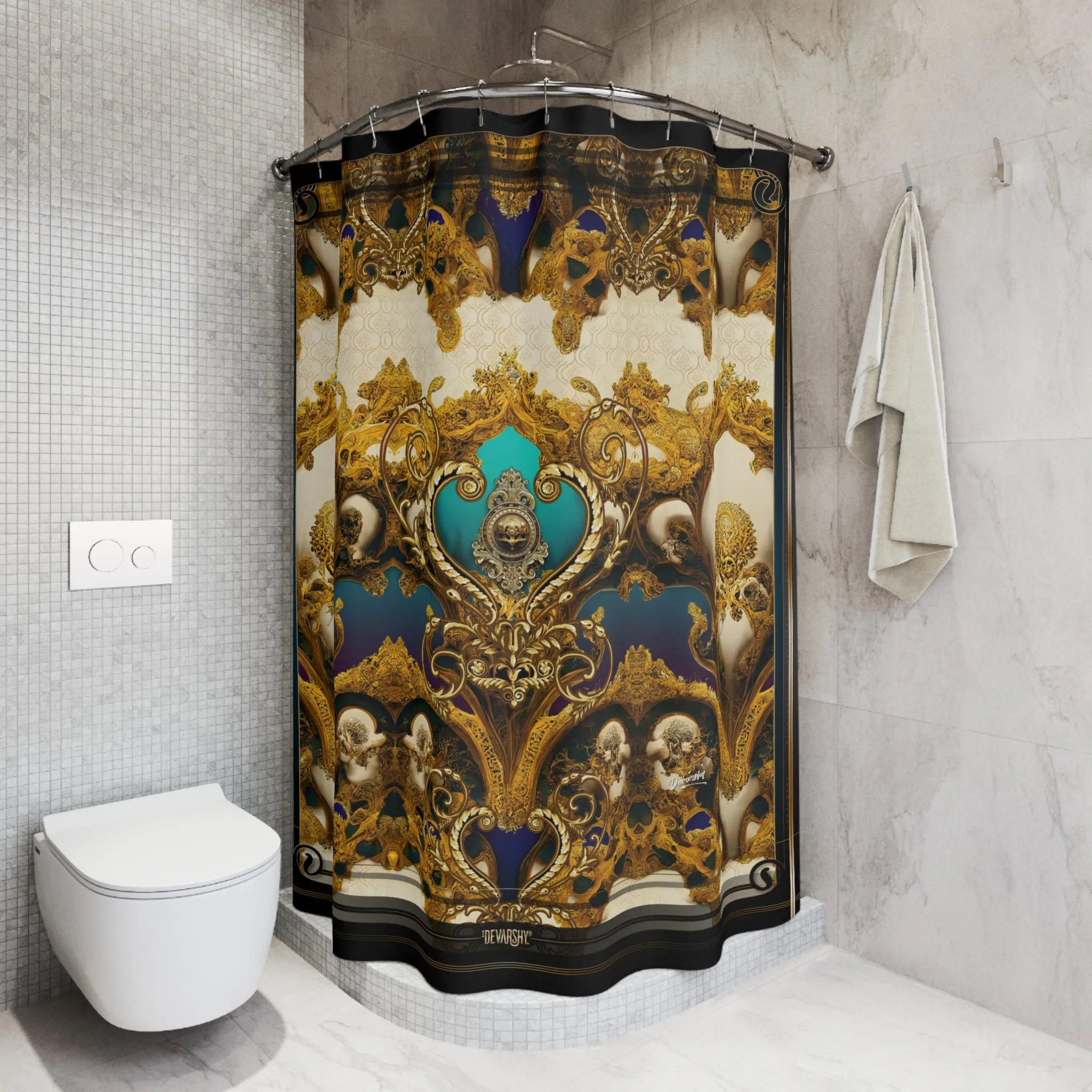 Regal Aqua Shower Curtain Golden Baroque Curtain Bathroom Curtain | D20030