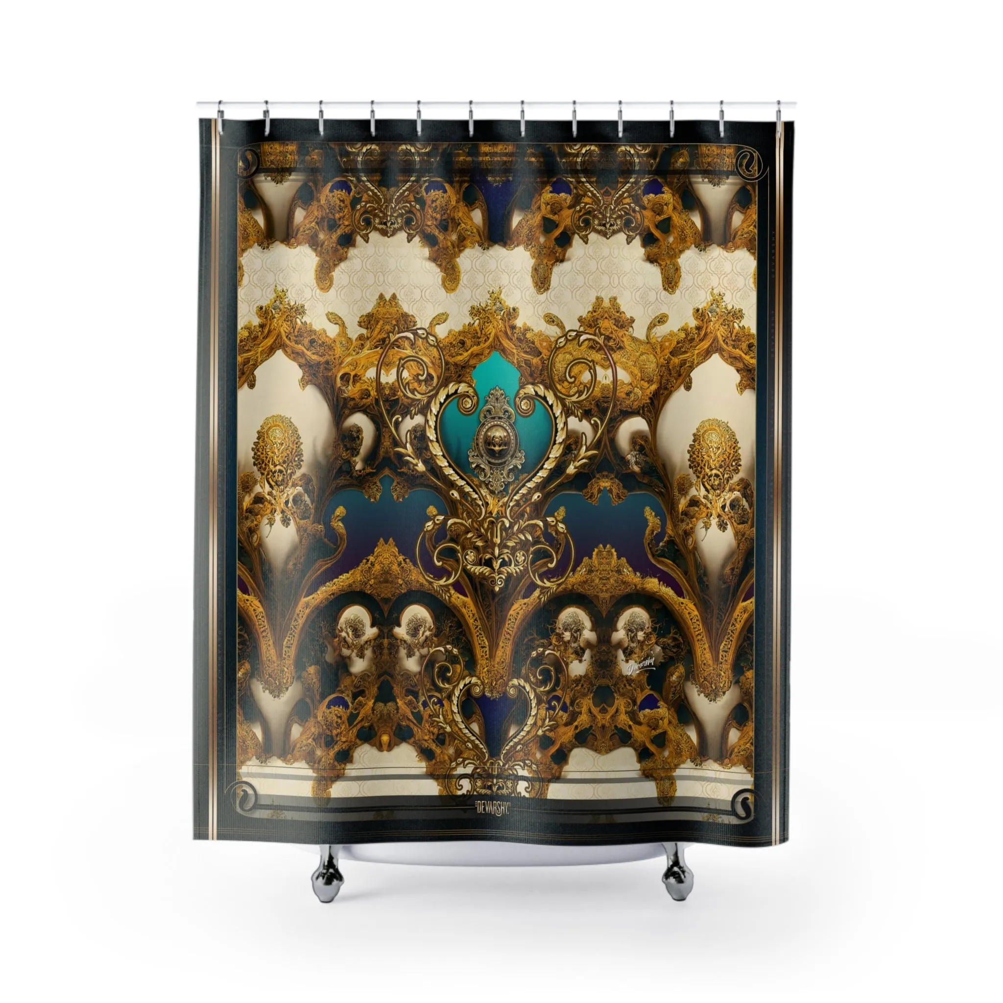 Regal Aqua Shower Curtain Golden Baroque Curtain Bathroom Curtain | D20030