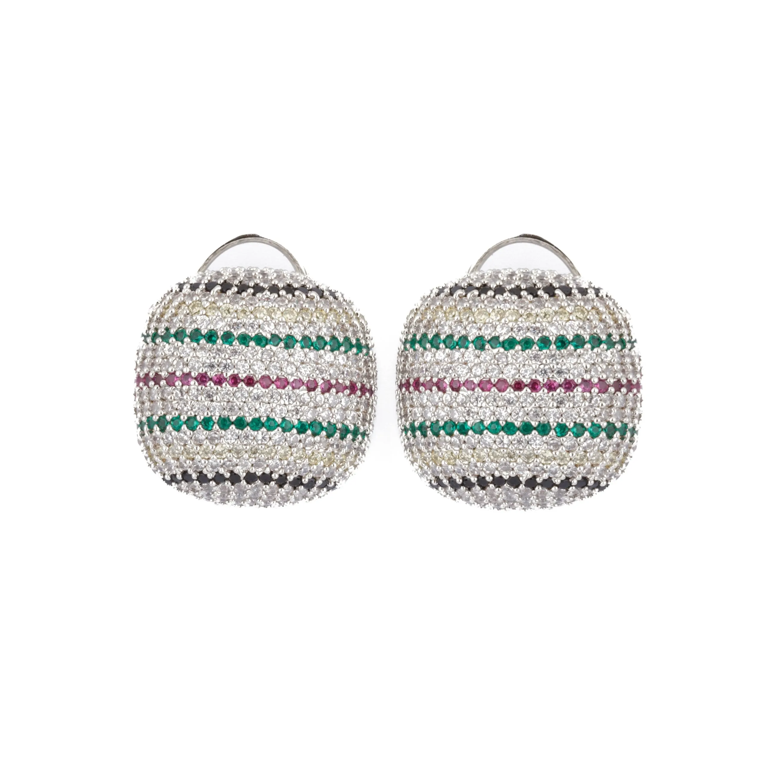 Rhodium Plated Zircon Studed Multi Color Stripes Stud Earrings