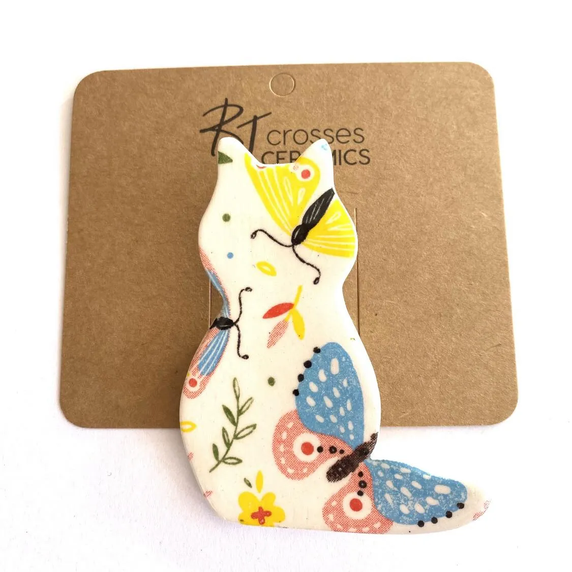 RJ Crosses Ceramic Brooch - Multi Coloured Cats