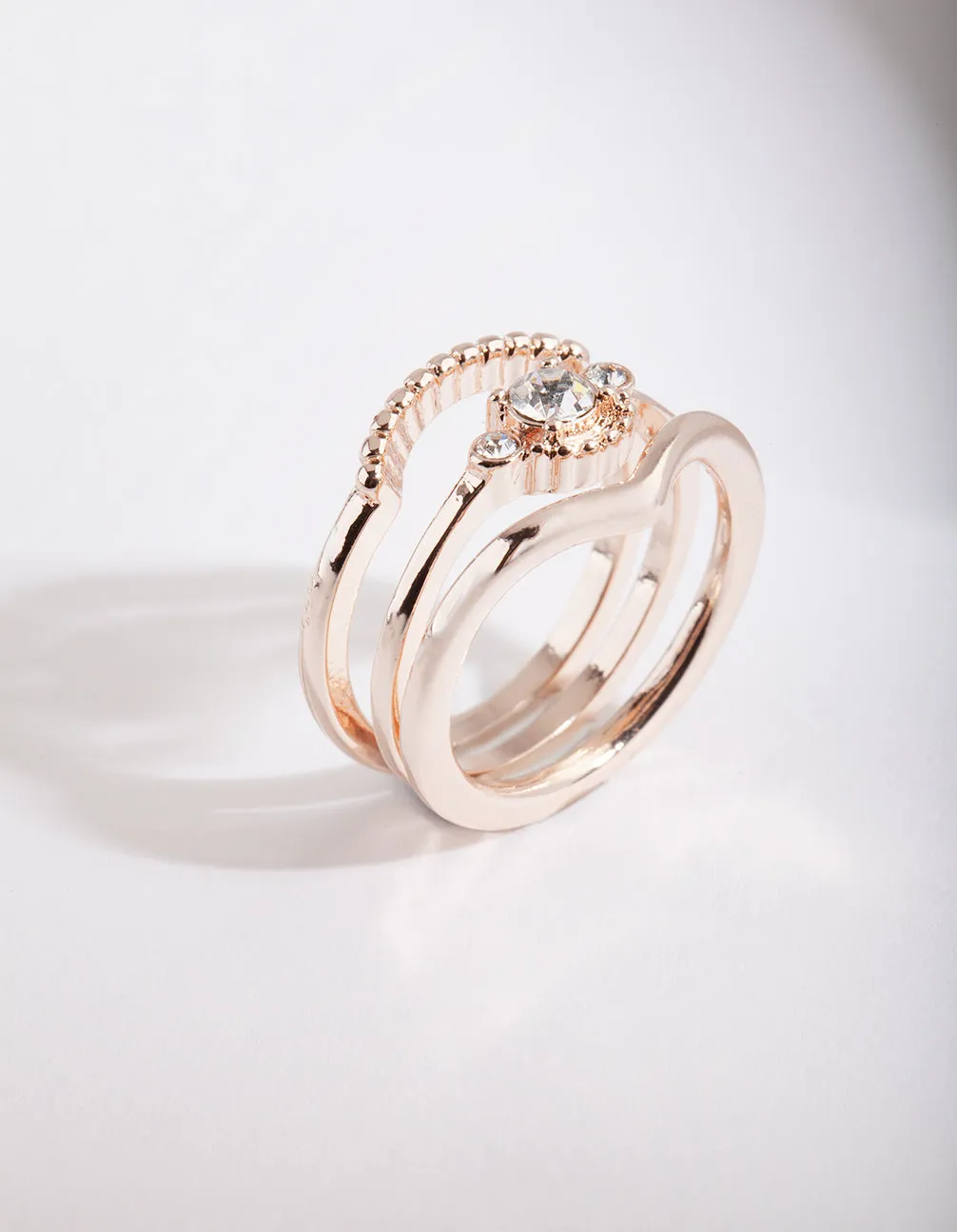 Rose Gold Diamante 3 Band Ring Stack