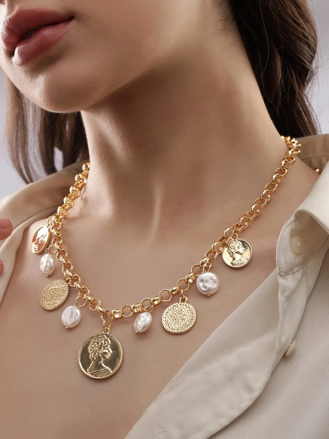 Rubans 18k Gold Plated Tarnish-Free Waterproof Stainless Steel Necklace with Coin & Pearl Charms