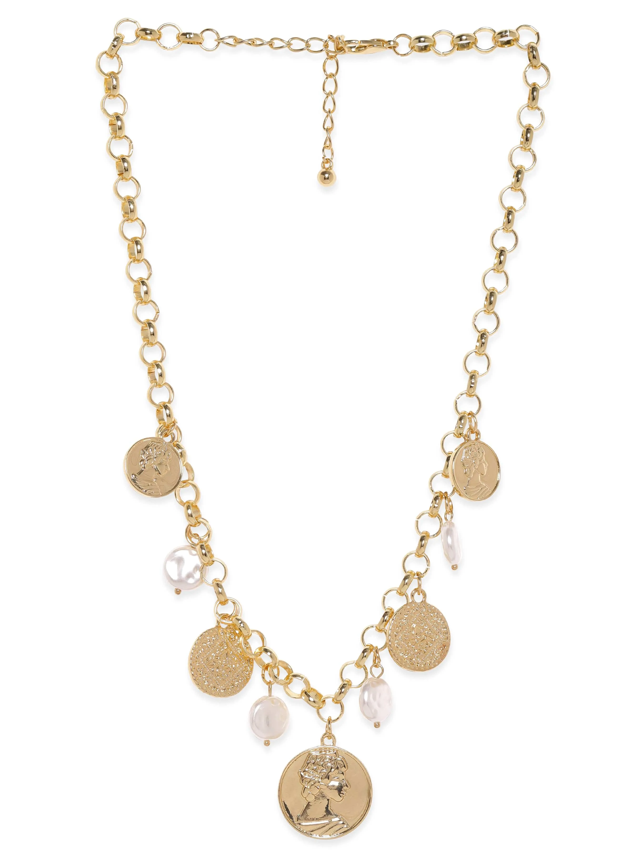 Rubans 18k Gold Plated Tarnish-Free Waterproof Stainless Steel Necklace with Coin & Pearl Charms