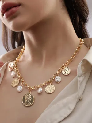 Rubans 18k Gold Plated Tarnish-Free Waterproof Stainless Steel Necklace with Coin & Pearl Charms