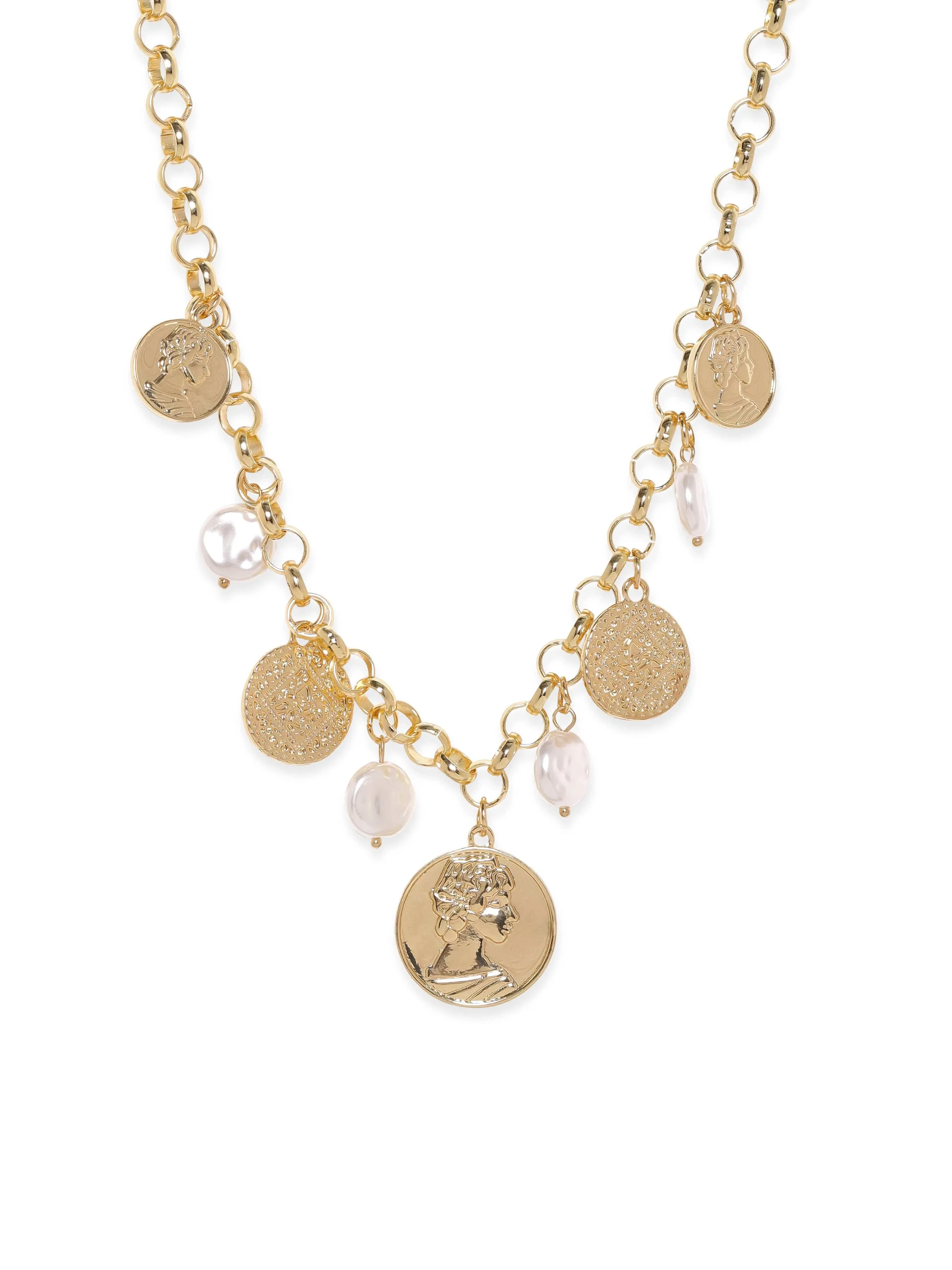 Rubans 18k Gold Plated Tarnish-Free Waterproof Stainless Steel Necklace with Coin & Pearl Charms