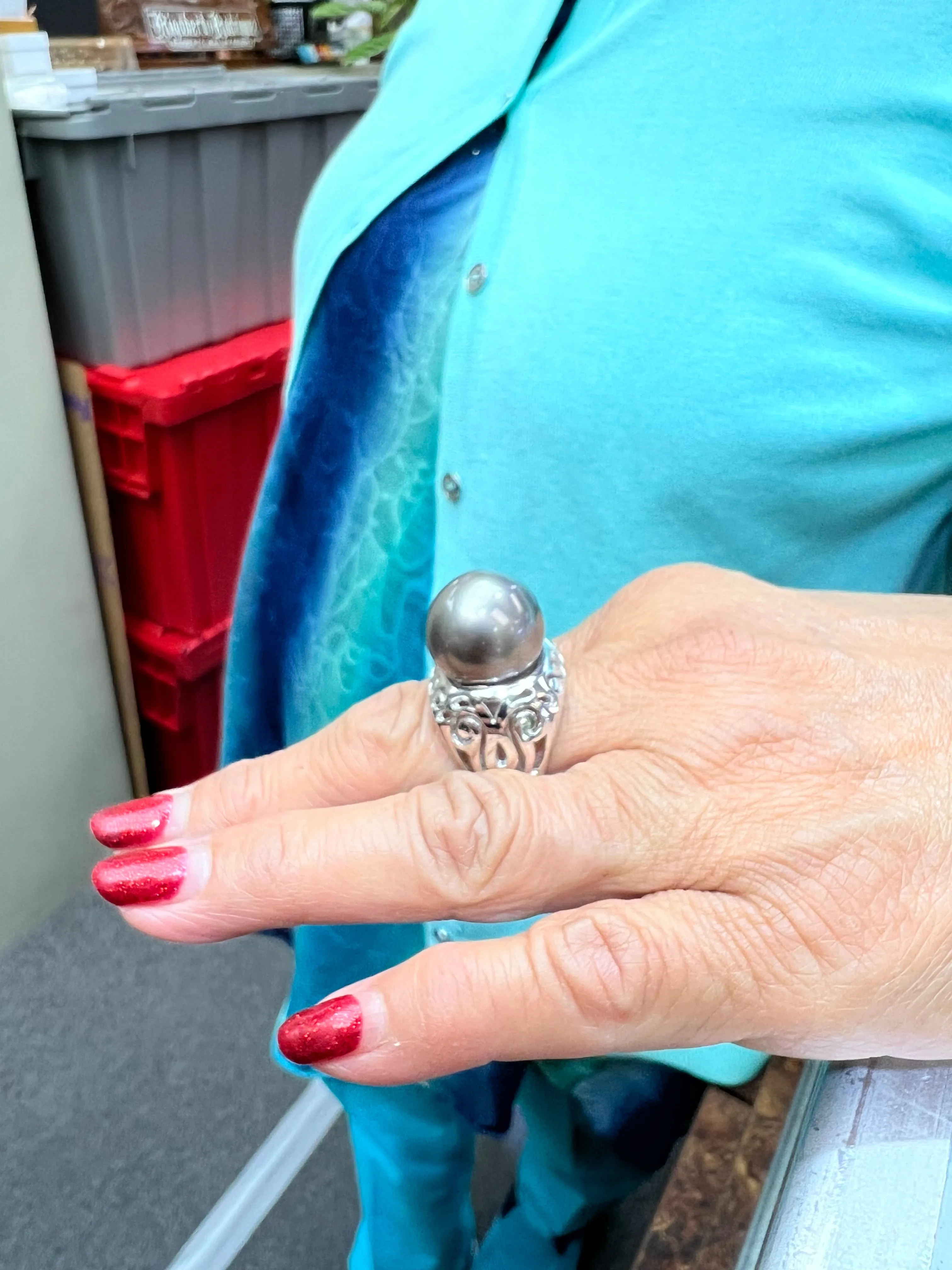 Silver Grey 15.75mm Tahitian Pearl White Gold Ring