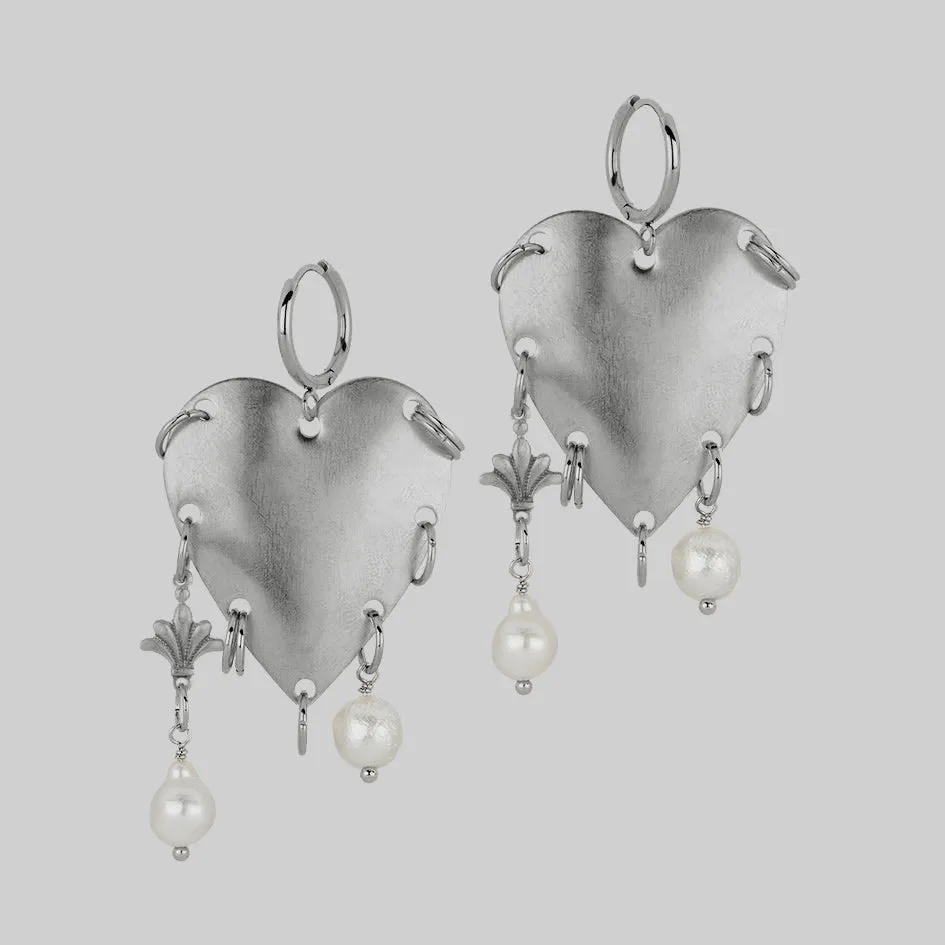 SLAIN. Pierced Heart & Pearl Hoop Earrings - Silver