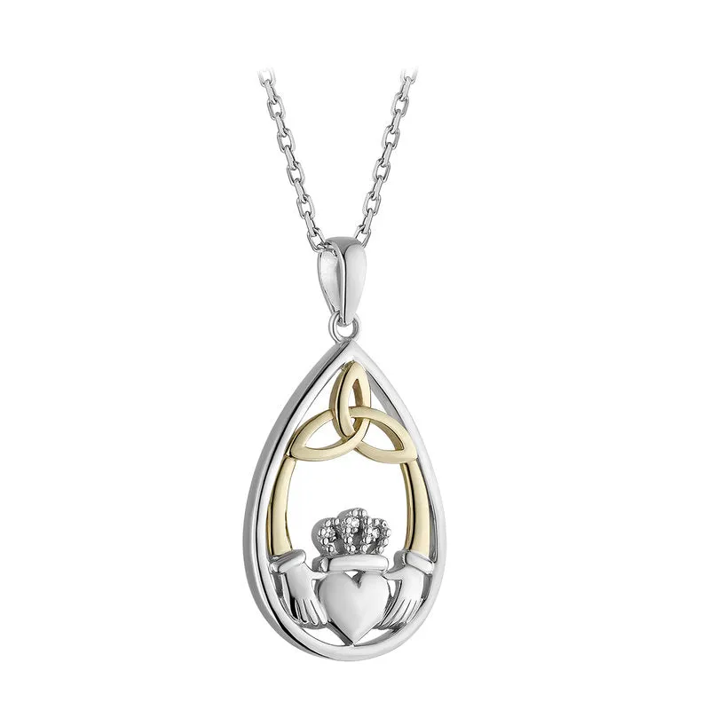 Sterling Silver 10k Gold Diamond Claddagh Pendant