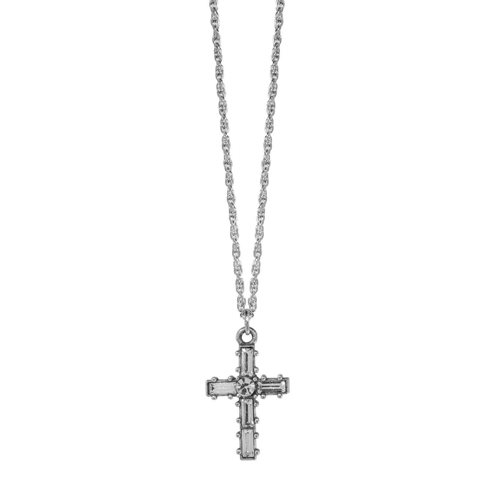 Symbols Of Faith Pewter Crystal Small Cross Pendant Necklace 16"   3" Extender