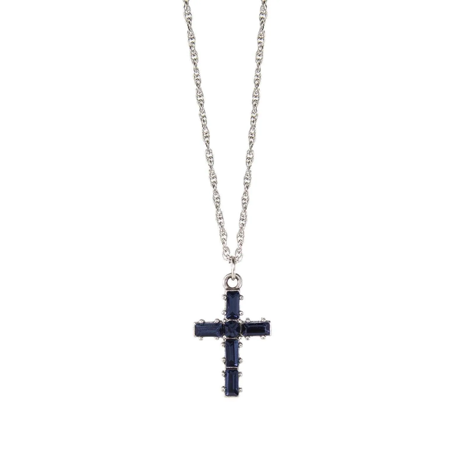 Symbols Of Faith Pewter Crystal Small Cross Pendant Necklace 16"   3" Extender