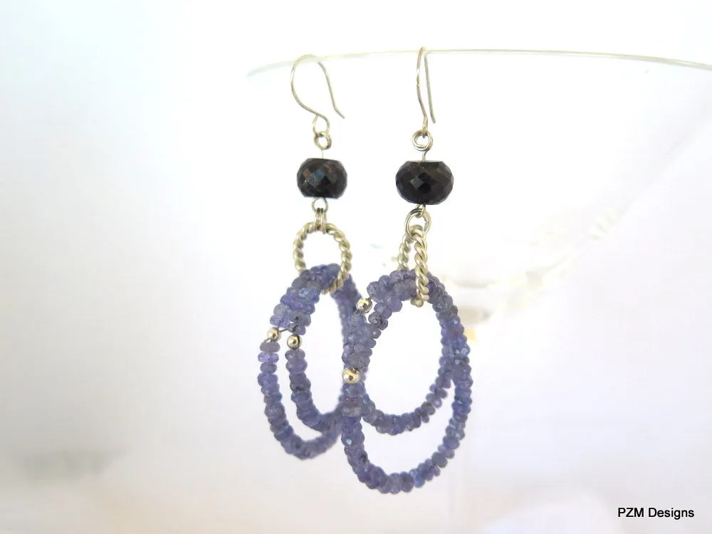 Tanzanite and sapphire hoop earrings set in solid silver