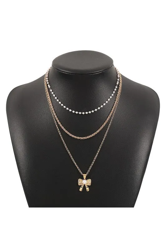 Tiered Chain Pearl Bow Pendant Necklace