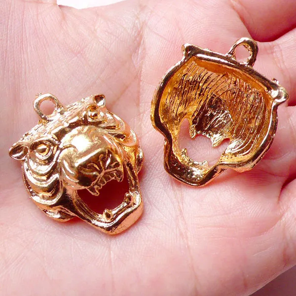 Tiger Head Charms (2pcs / 24mm x 31mm / Gold) Exotic Animal Pendant Bracelet Earring Jewelry Jungle National Park Nature Safari CHM861