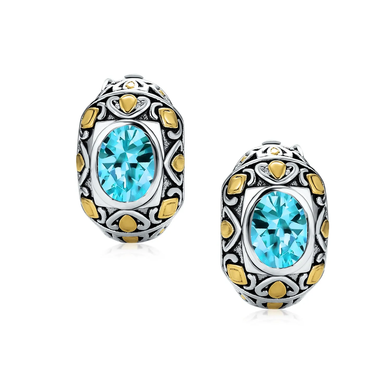 Two-Tone Bali Style Aqua Blue Oval Clip-On Earrings with Simulated Aquamarine CZ