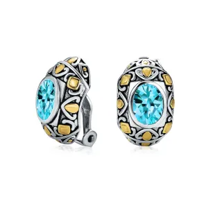 Two-Tone Bali Style Aqua Blue Oval Clip-On Earrings with Simulated Aquamarine CZ