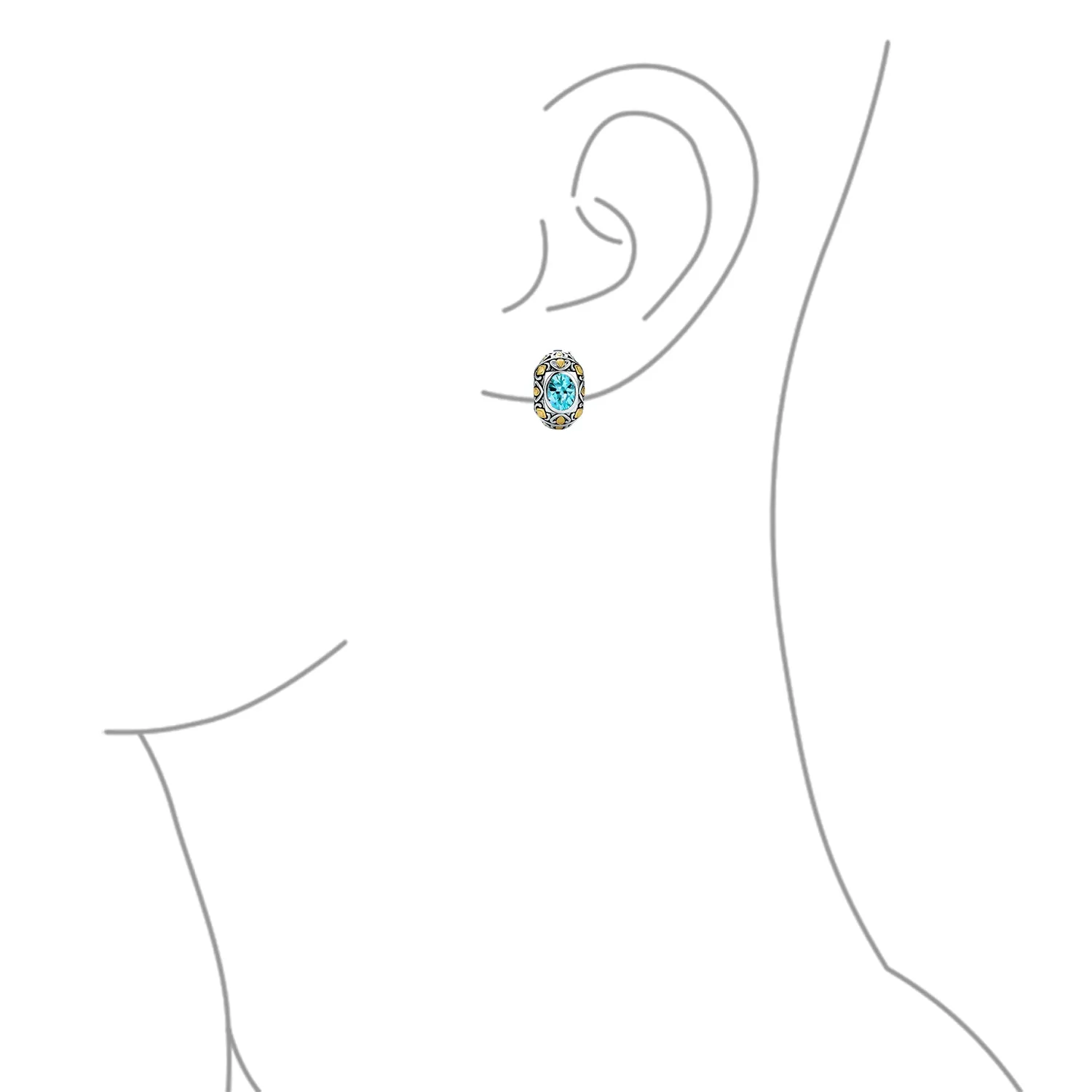 Two-Tone Bali Style Aqua Blue Oval Clip-On Earrings with Simulated Aquamarine CZ