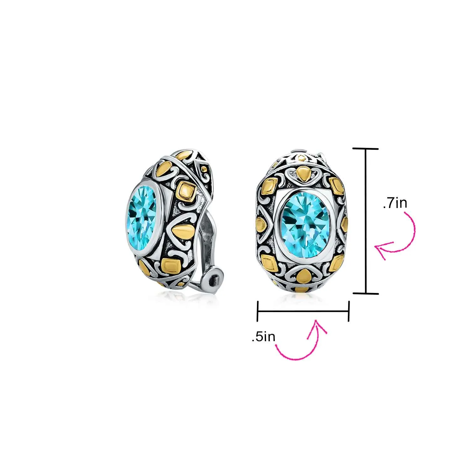 Two-Tone Bali Style Aqua Blue Oval Clip-On Earrings with Simulated Aquamarine CZ