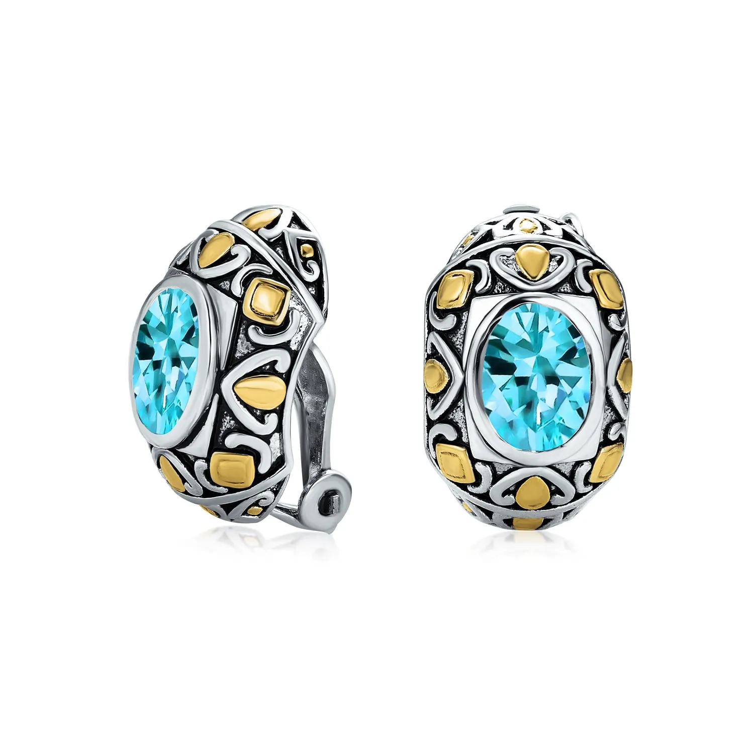 Two-Tone Bali Style Aqua Blue Oval Clip-On Earrings with Simulated Aquamarine CZ