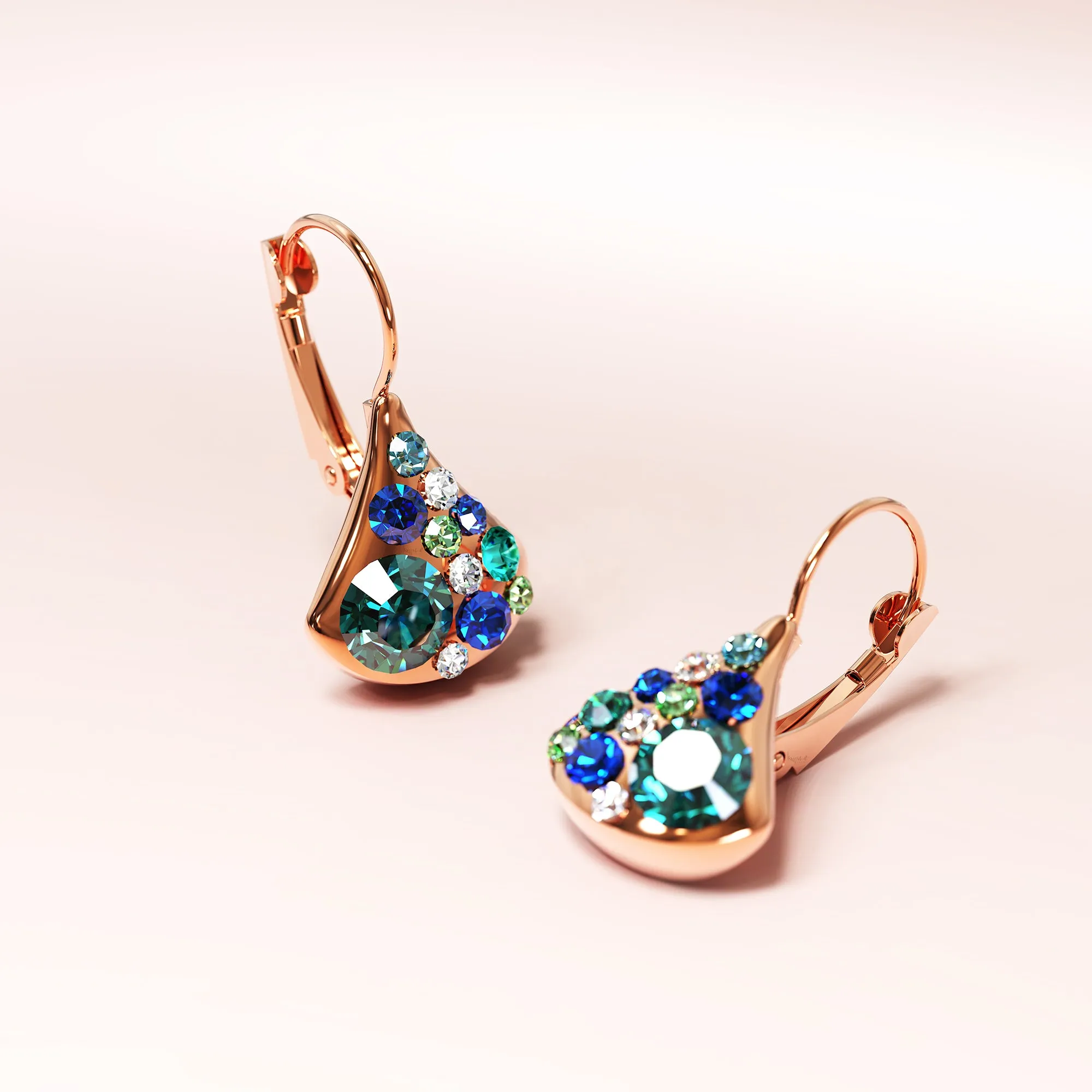 Ultramarine Clustered Austrian Crystal Leverback Earrings In Rose Gold