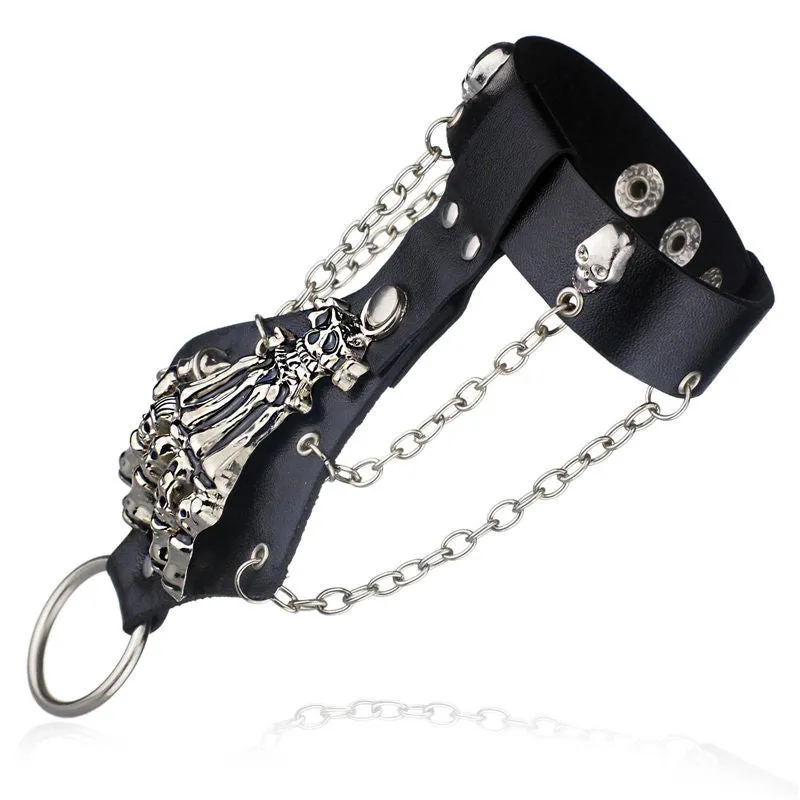 Unisex Cool Punk Rock Gothic Skeleton Skull Hand Glove Chain Link Wristband Bangle Leather Bracelet