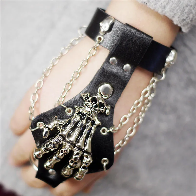 Unisex Cool Punk Rock Gothic Skeleton Skull Hand Glove Chain Link Wristband Bangle Leather Bracelet