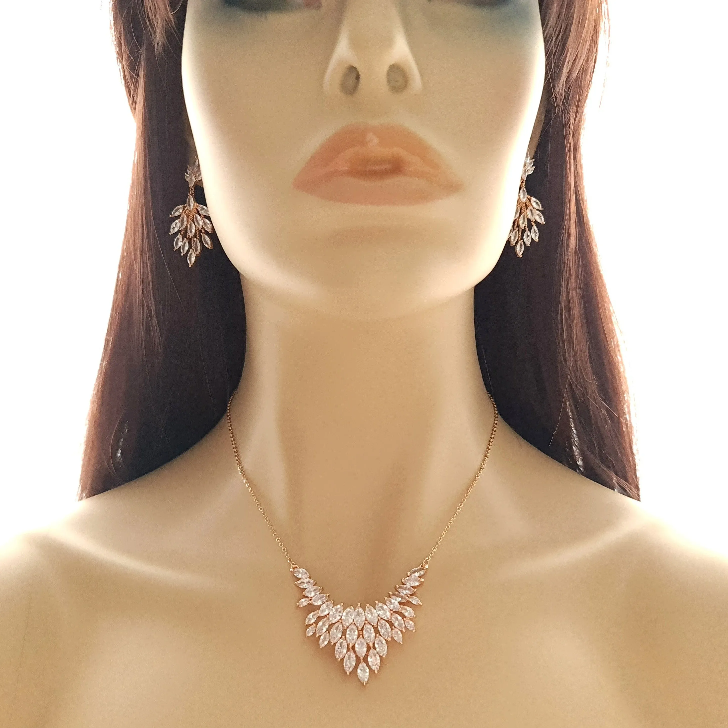 V Shaped Marquise Cluster Pendant Necklace in Rose Gold-Belle