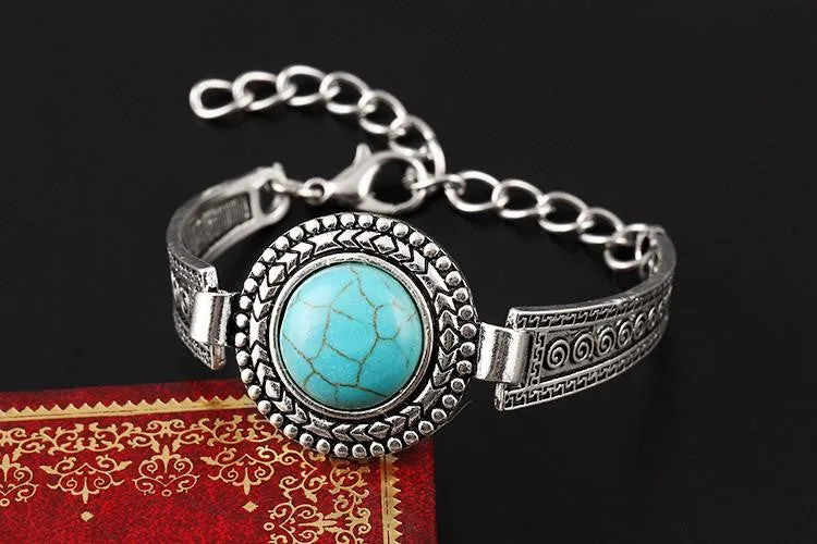 Vintage Jewelry Tibetan Silver Carved Round Turquoise Bangle Gift For Women Bracelet Watch Band pulsera brazalete Accessory