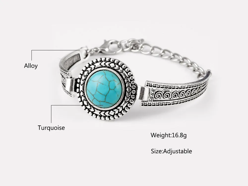 Vintage Jewelry Tibetan Silver Carved Round Turquoise Bangle Gift For Women Bracelet Watch Band pulsera brazalete Accessory