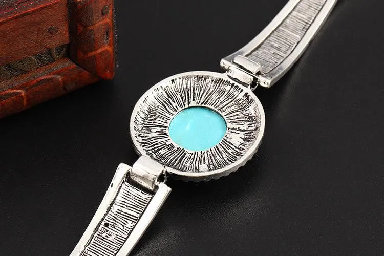 Vintage Jewelry Tibetan Silver Carved Round Turquoise Bangle Gift For Women Bracelet Watch Band pulsera brazalete Accessory