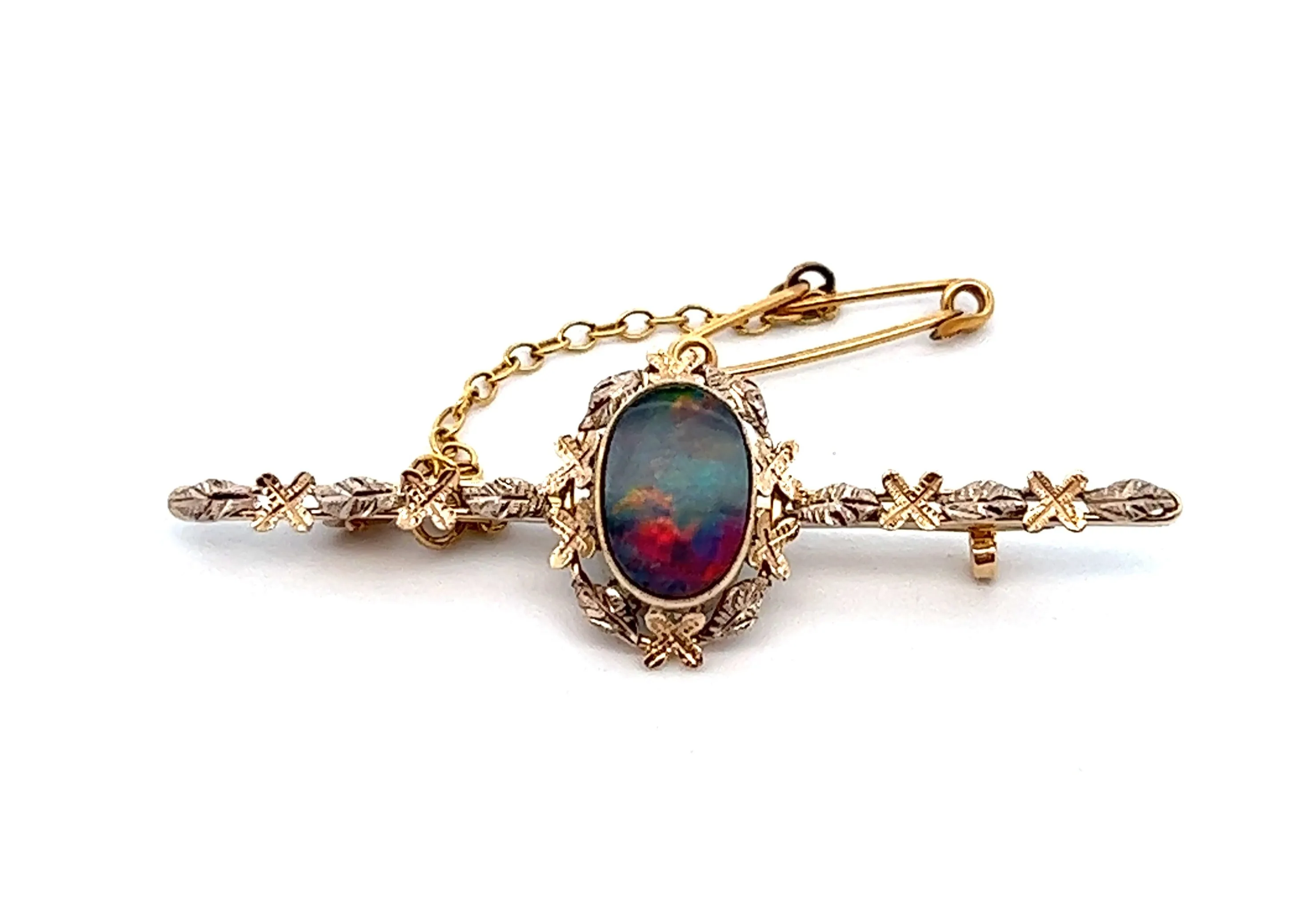 Yellow and White Gold Opal Bar Brooch with Flowers Along the Bar