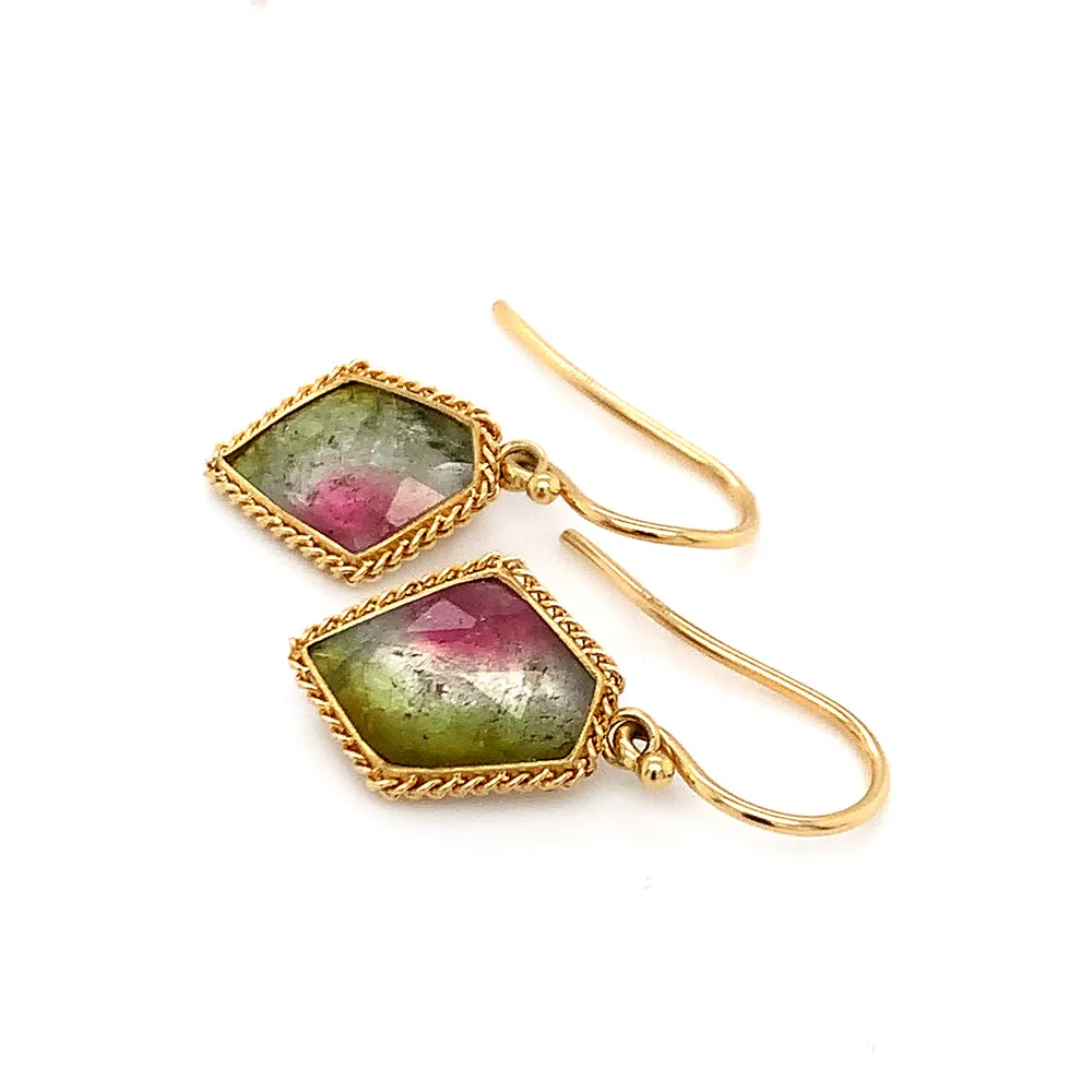 Yellow Gold and Watermelon Tourmaline Earrings - "Watermelon Dreams"