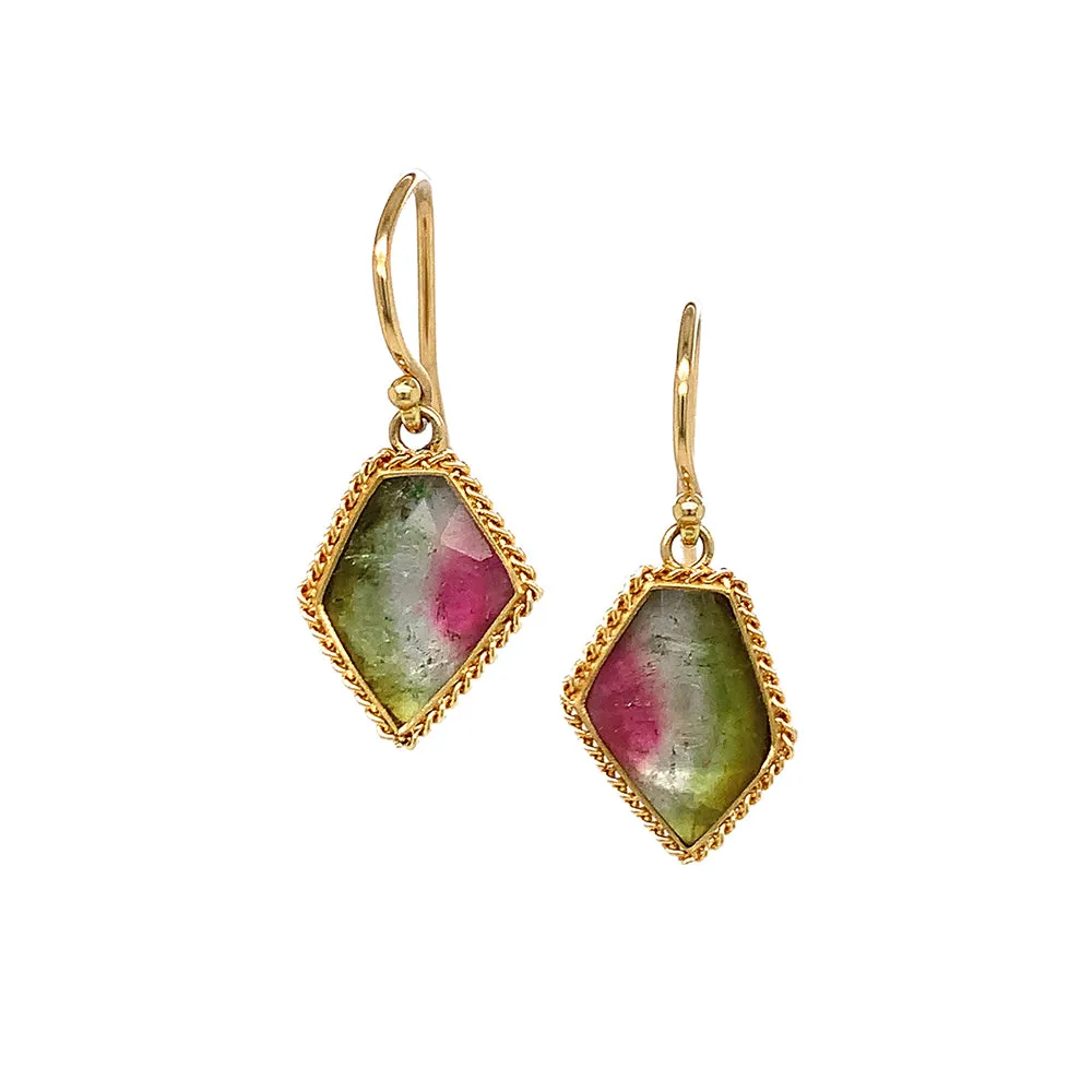 Yellow Gold and Watermelon Tourmaline Earrings - "Watermelon Dreams"